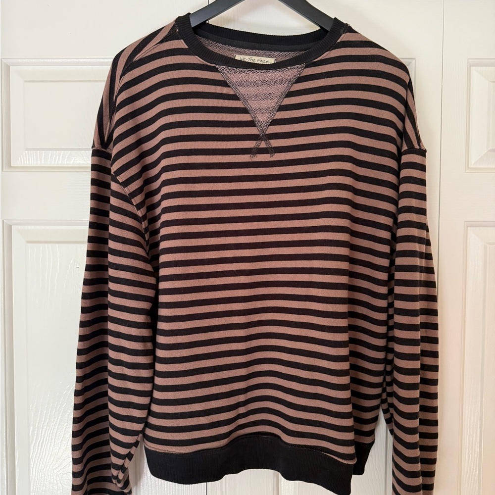 Free People Black and Brown Classic Striped Oversized Crewneck